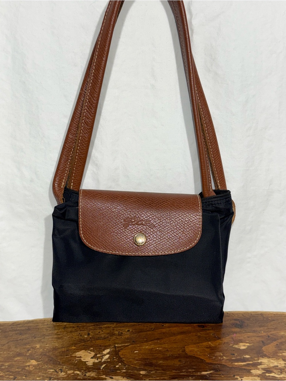 Longchamp Black Nylon Shoulder Bag with Brown Leather Trim